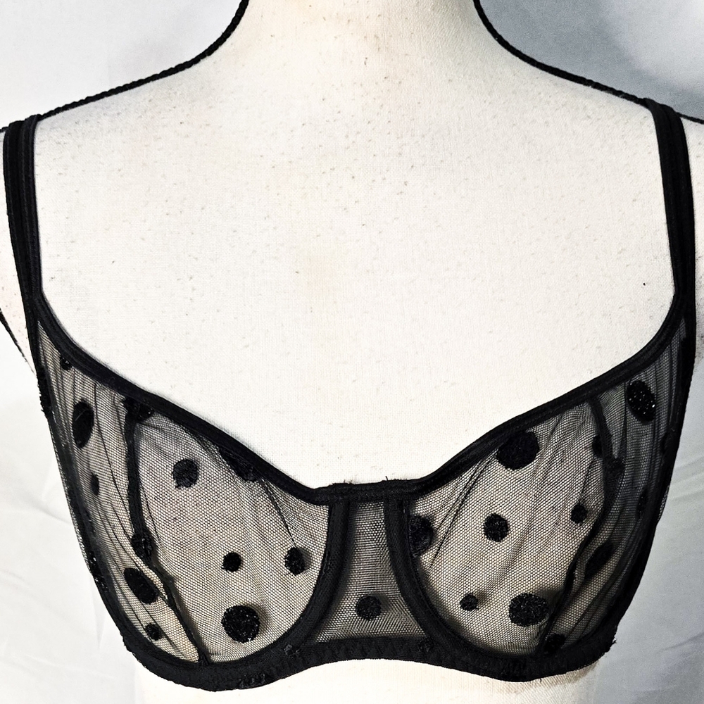 Victoria's Secret Y2K Mesh Bra Unlined Polka Dot Black Vintage Sheer Lingerie